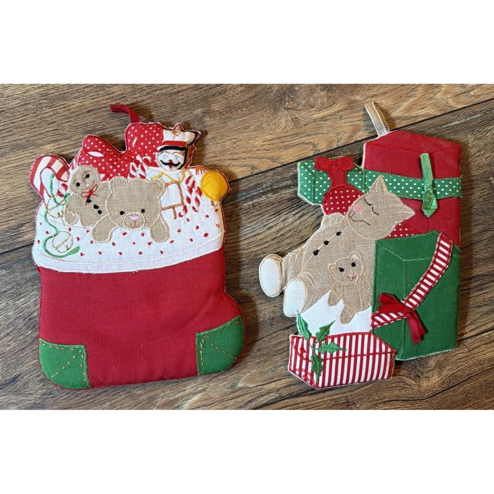 80s Vintage 2 Handmade Christmas Pot Holders Ornament‎ Stocking Bear Presents